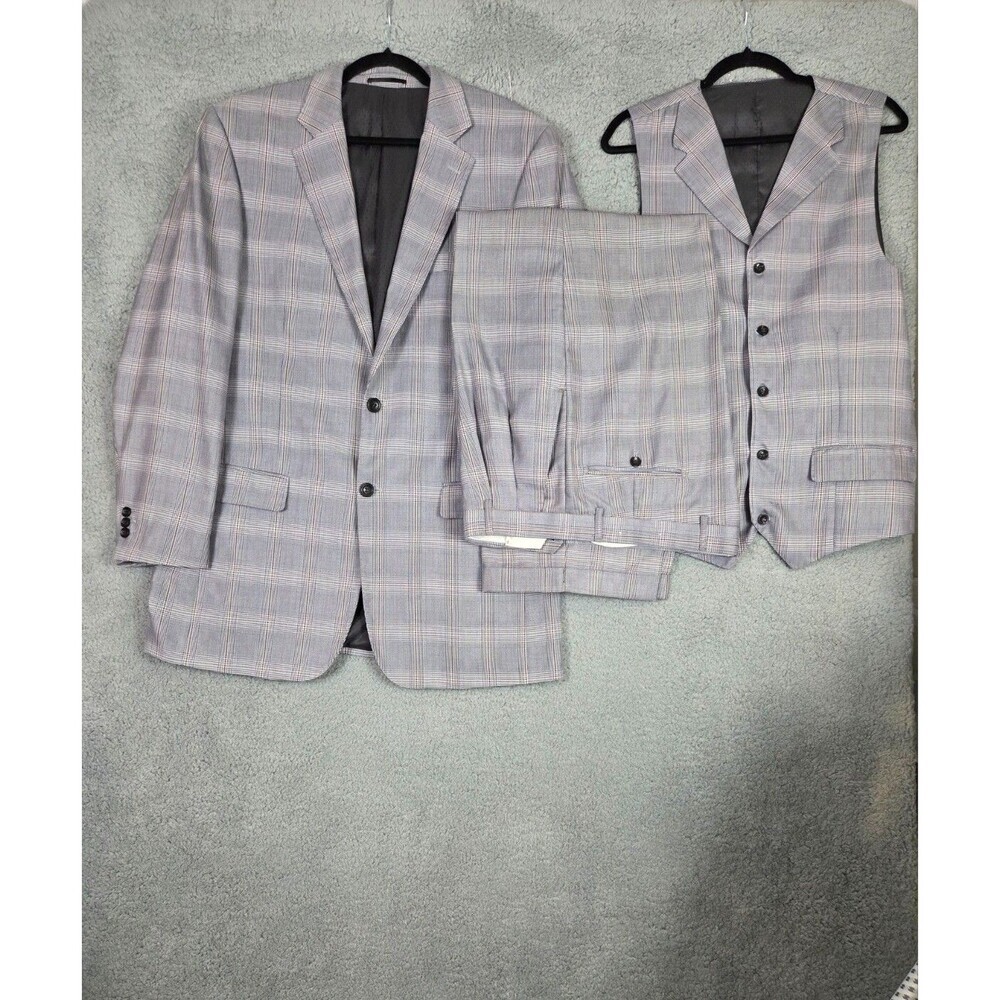 Vtg Apollo King Gray 3pc Suit 42L Pants 36L 38x28 Windowpane Check Steve Harvey